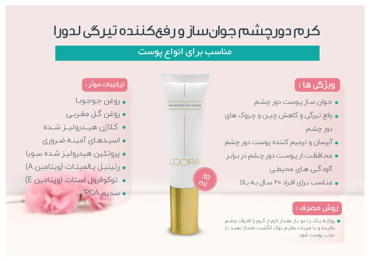 کرم دور چشم لدورا یک محصول کامل و بینظیر برای آبرسانی، ترمیم و محافظت دور چشم به شمار میرود